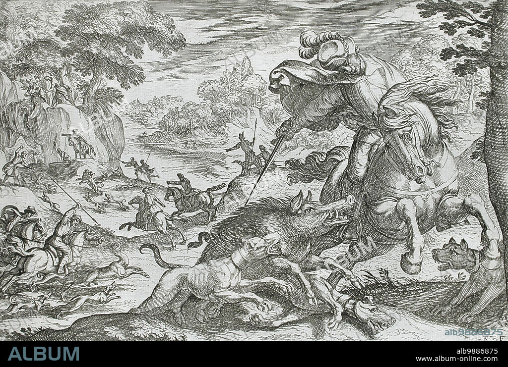 ANTONIO TEMPESTA. Boar Hunt, 16th century. Series: Hunting Scenes VII.