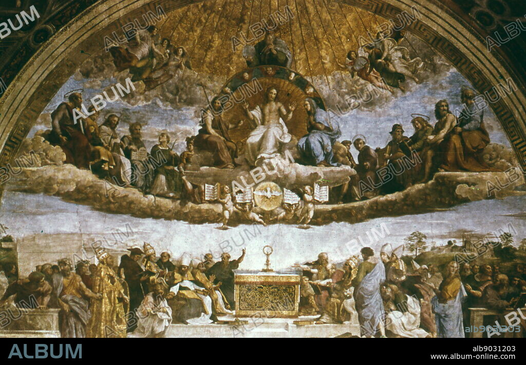 The Disputation of the Sacrament, Fresco g by the Italian Renaissance artist Raphael. It was painted between 1509 and 1510. in the Apostolic Palace in the Vatican. In the painting, Raphael has created a scene spanning both heaven and earth. Above, Christ is surrounded by a halo, with the Blessed Virgin Mary, John the Baptist at his right and left. Other various biblical figures such as Adam (far left, bared chest), Jacob (far right, red robe and sword) and Moses (right, holding tablets with the ten commandments) are to the sides. God the Father sits above Jesus, depicted reigning over the golden light of heaven, and below Christ's feet is the Holy Spirit. On opposite sides of the Holy Spirit are the four gospels, held by putti. Below, on the altar sits the monstrance. The altar is flanked by theologians who are depicted debating Transubstantiation and Divinity is the Holy Eucharist.