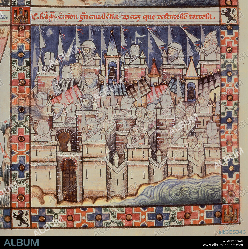 ALFONSO X DE CASTILLA EL SABIO. MTI1-CANTIGA STA MARIA Nº165-F221V-f- DEFENSA DE LA CIUDAD DE TORTOSA DE ULTRAMAR-MINIATURA S XIII.