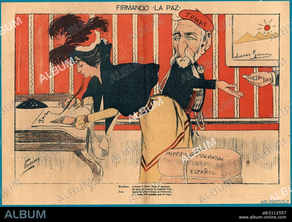 FRANCISCO NAVARRETE SIERRA. Dibujo satírico sobre el final del imperio colonial español, publicado en la revista Acabóse, Noviembre de 1898.