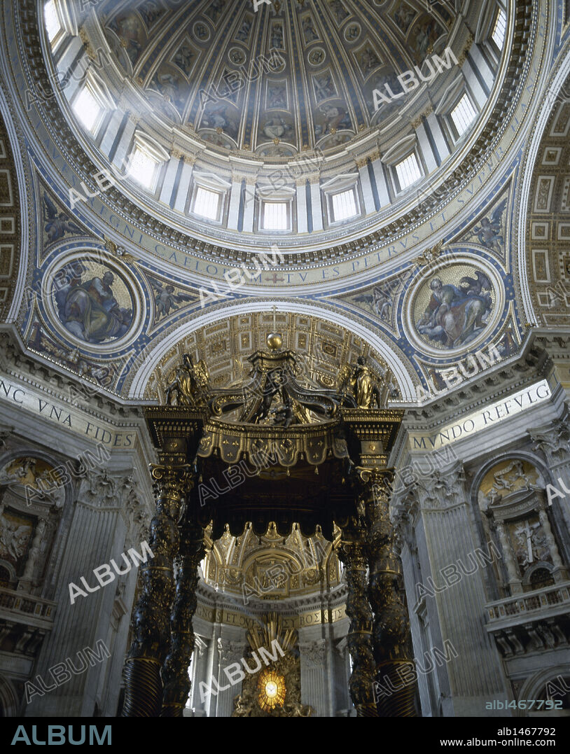 Gian Lorenzo Bernini (1598-1680). Italian sculptor and architect. Baldachin of Saint Peter (1623). Baroque style. Saint Peter's Basilica. Vatican City.
