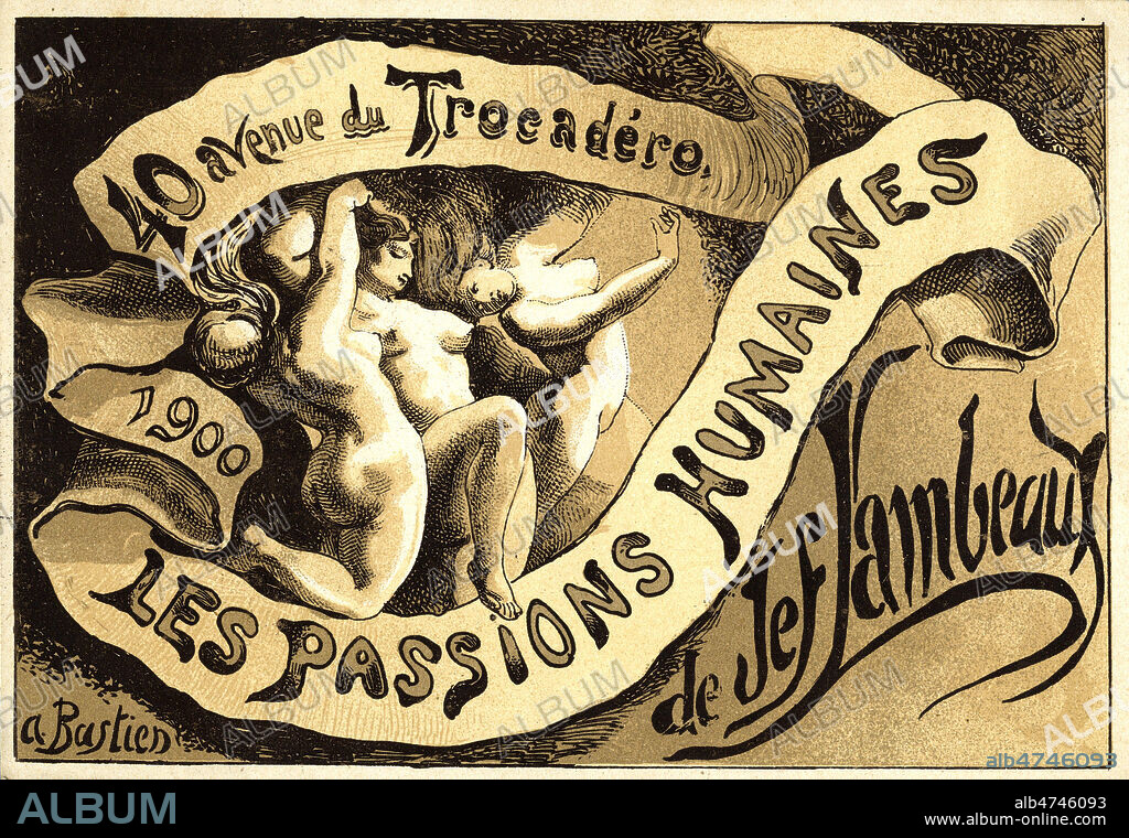 Carte chromo Les Passions humaines de Jeff Lambeaux (1852-1908) sculpteur belge; sculpture presentee a l'exposition universelle de 1900, a recu la medaille d'honneur. Bas-relief monumental qui fit scandale a cause des corps enlaces. Les Passions Humaines (Plâtre conserv a Gand, Musée des Beaux-Arts ) Collection IM/KHARBINE TAPABOR.
