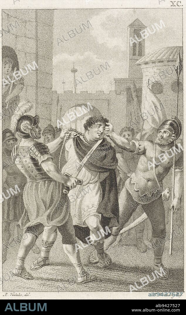 Roman Emperor Aulus Vitellius Germanicus is dragged to the Forum by soldiers of Vespasian with his hands tied behind his back and a noose around his neck. Death of Vitellius, print maker: Ludwig Gottlieb Portman, (mentioned on object), intermediary draughtsman: Reinier Vinkeles (I), (mentioned on object), Amsterdam, 1804, paper, etching, h 205 mm × w 130 mm.