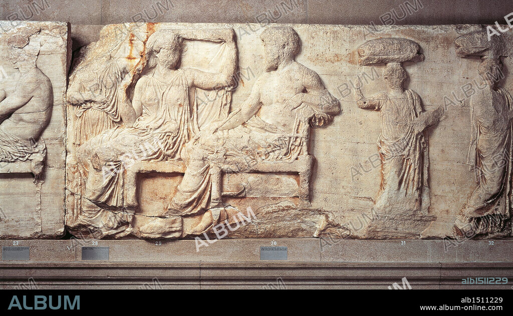 Greek civilization, 5th century b.C. Pentelic marble east frieze of the Parthenon by Phidias. Bas-relief depicting seated Zeus and Hera with their servants, 447-432 b.C.