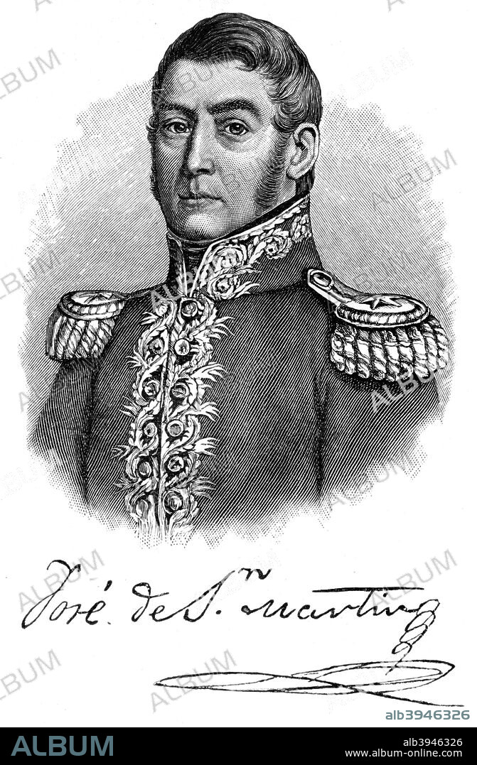 Jose de San Martin, 19th century Argentine general and independence leader, (1901). San Martín (1778-1850), was an Argentine general and the foremost leader of the southern part of South America's successful struggle for independence from Spain. A print from The World's History, A Survey of Man's Record, by Dr HF Helmolt, Volume I, William Heinemann, London, 1901.