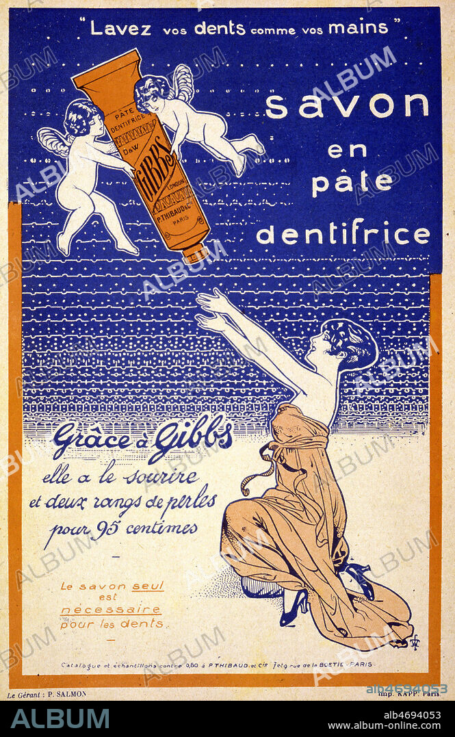 'Savon en pate dentifrice, Grace a Gibbs elle a le sourire et deux rangs de perles pour 95 centimes' : Femme tendant les bras vers deux anges, portant un tube de dentifrice. Publicite de 1918. Credit : Collection KHARBINE-TAPABOR.