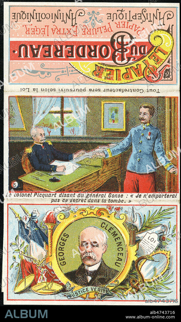 'Le colonel PICQUART disant au general GONSE (1838-1917) : 'Je n'emporterai pas ce secret dans la tombe.' - Georges CLEMENCEAU (1841-1929). Illustration anonyme vers 1906 pour une pochette de papiers a cigarette 'Le Papier du Bordereau.' Credit: Collection IM/KHARBINE-TAPABOR.