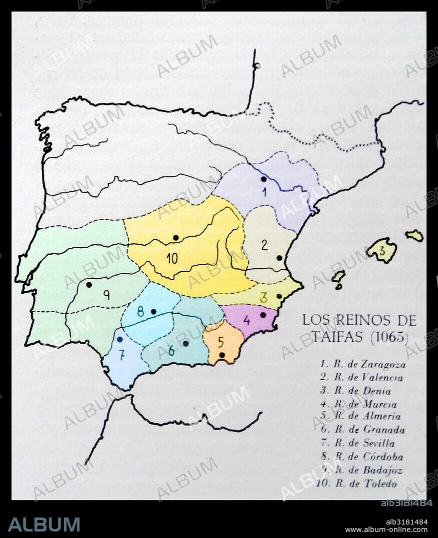 The Taifas kingdoms in Spain 1065 AD. a taifa was an independent Muslim-ruled principality; usually an emirate formed in Al-Andalus (Moorish Iberia) after the final collapse of the Umayyad Caliphate of Córdoba in 1031.