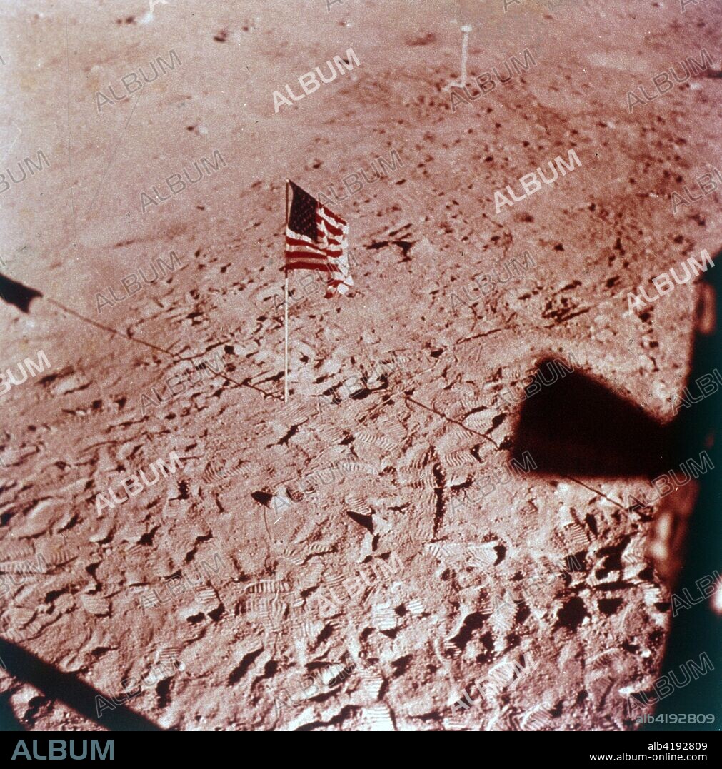 US flag on the Moon, Apollo 11 mission, July 1969. The American flag planted on lunar soil, seen from inside the Apollo 11 Lunar Module. The footprints of astronauts Neil Armstrong and Buzz Aldrin can be seen very clearly. The Apollo 11 Lunar Module, code named Eagle, with Armstrong and Aldrin on board, landed in the Sea of Tranquillity on 20 July 1969. Apollo 11 was the fifth manned Apollo mission, and was the first to land on the Moon.