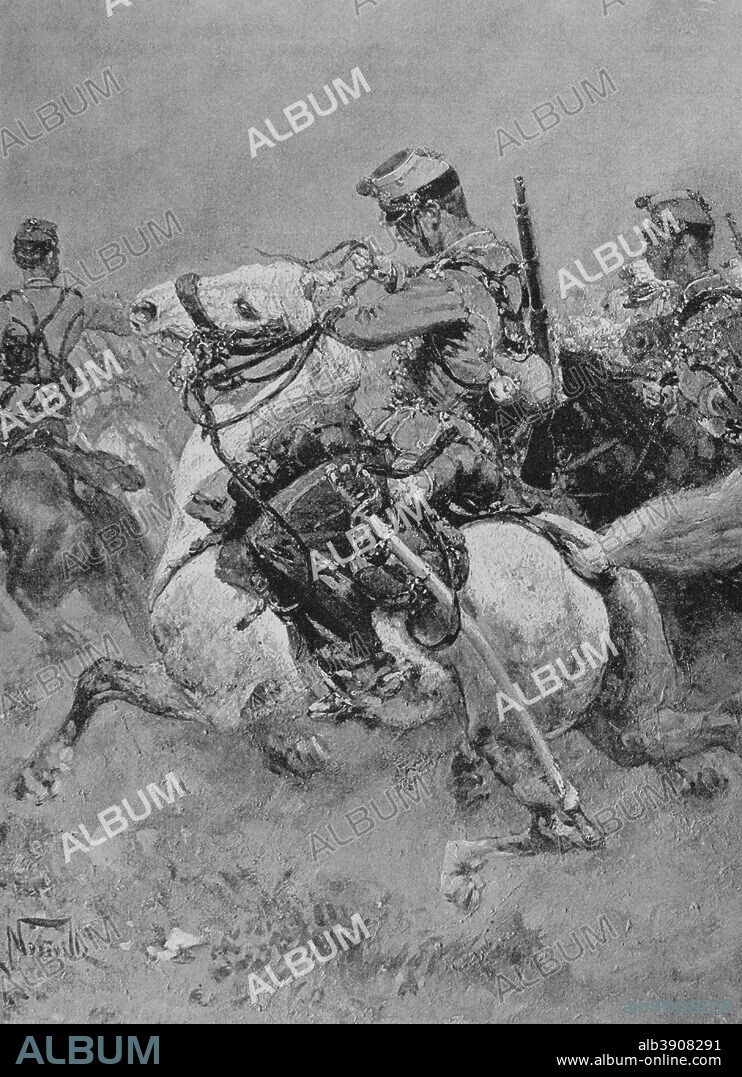 Guerra Franco-Prusiana (1870-1871). Húsares. Grabado. Original por Alphonse Marie de Neuville (1835-1885). En Campagne, por Jules Richard. Obra editada en París en 1885. Biblioteca Histórico Militar de Barcelona. Cataluña. España.