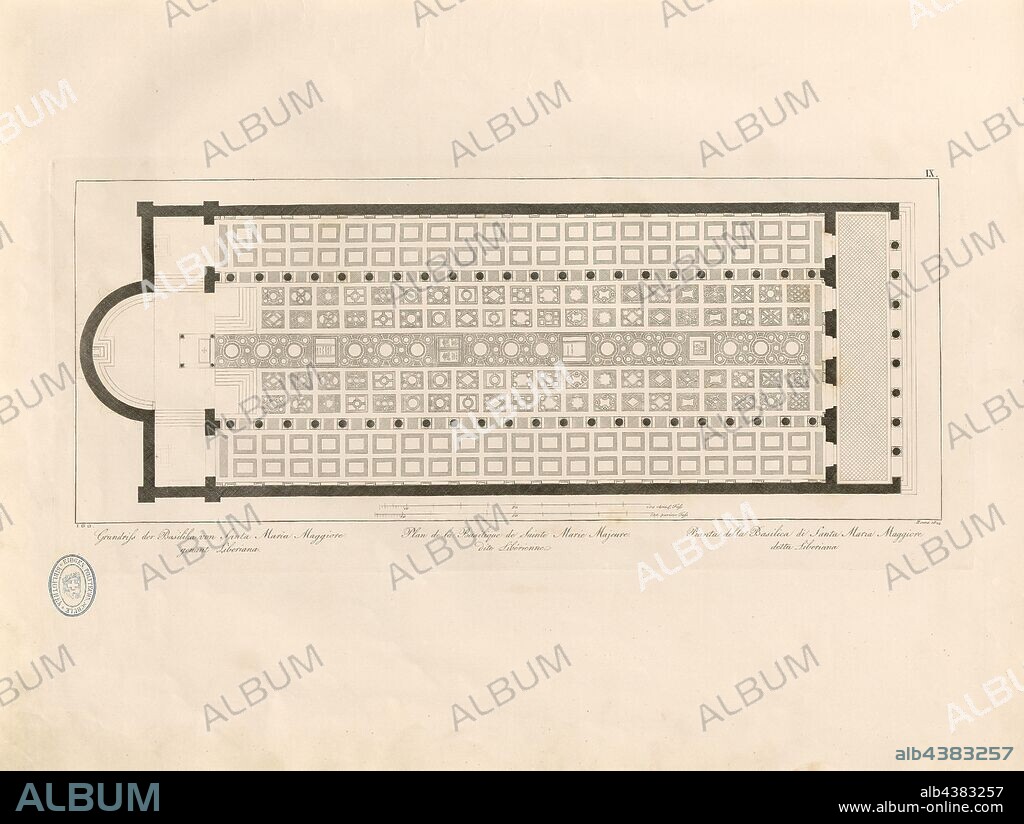 Floor plan of the Basilica of Santa Maria Maggiore called Liberiana, Basilica of Santa Maria Maggiore or Basilica Liberiana in Rome, signed: I. G. G, Taf. IX, after p. 6, Christian Karl Josias von Bunsen: Die Basiliken des christlichen Roms: nach ihrem Zusammenhange mit Idee und Geschichte der Kirchenbaukunst. Bd. 2. München: Literarisch-artistische Anstalt der J. G. Cotta'schen Buchhandlung, [1824].