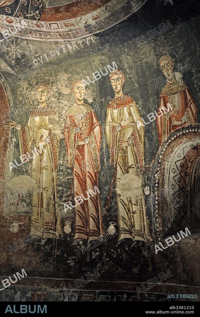 Círculo del Maestro de Pedret. Fresco con la representación de la Parábola de las Vírgenes Necias y Prudentes. Detalle de las Vírgenes Necias. Finales del siglo XI-principios del siglo XII. Procedente de la absidiola sur de la Iglesia de Sant Quirze de Pedret, Cercs. Museo Nacional de Arte de Cataluña. Barcelona. Cataluña. España. Circle of Master of Pedret. Fresco depicting the Parable of the Wise and Foolish Virgins. Detail of the Foolish Virgins. End of 11th century-early 12th century. From the Southern apse of the Church of Sant Quirze of Pedret, Cercs. National Art Museum of Catalonia. Barcelona. Catalonia. Spain.