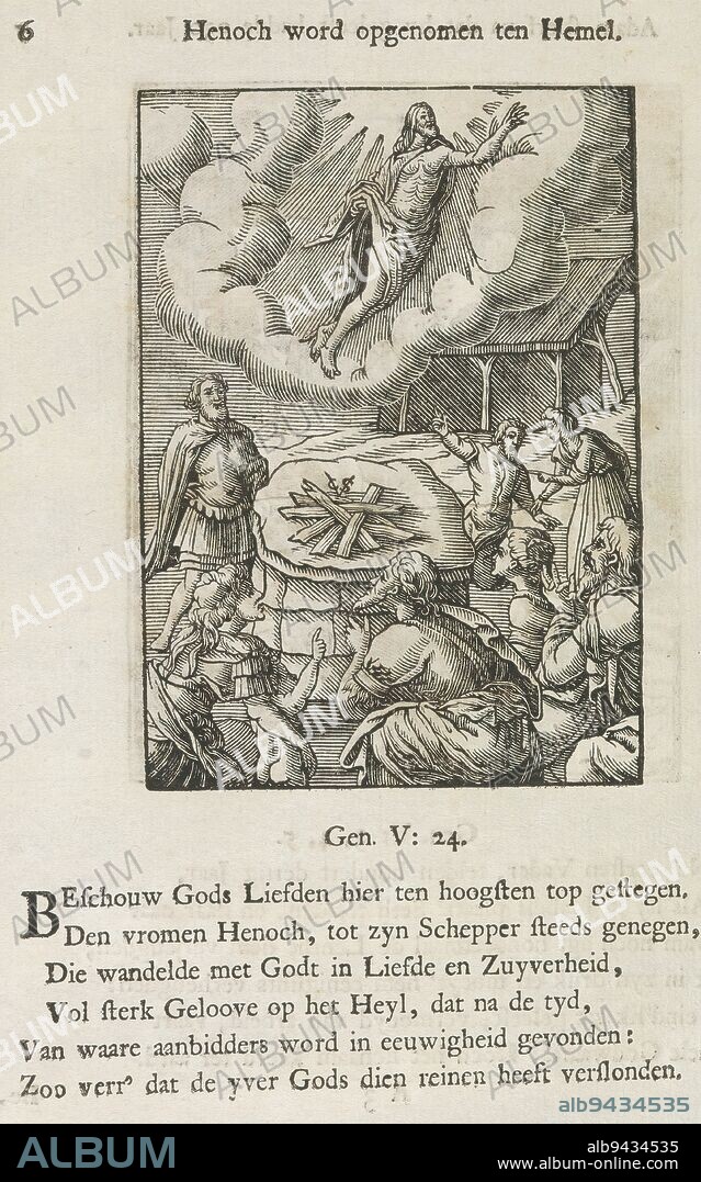 Ascension of Christ, Ascension of Enoch, Enoch is taken up to heaven (title on object), Enoch sails up to heaven. On the ground near an altar people are watching him. Above the image is a title. Below it are six verses and a reference to Genesis 5: 24. The print is part of an album., print maker: Christoffel van Sichem (II), (mentioned on object), print maker: Christoffel van Sichem (III), (mentioned on object), after print by: Hendrick Goltzius, print maker: Amsterdam, print maker: Amsterdam, after print by: Haarlem, publisher: Amsterdam, c. 1645 - c. 1646 and/or 1740, paper, letterpress printing, height 105 mm × width 75 mm, height 172 mm × width 133 mm.