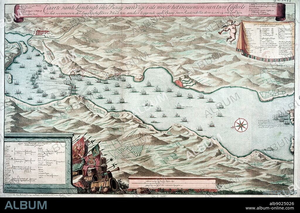 Battle of Vigo Bay, Spain, 12 October 1702. Spanish treasure fleet defeated by combined English and Dutch fleets. War of the Spanish Succession 1701-1714. Dutch plan of the engagement.