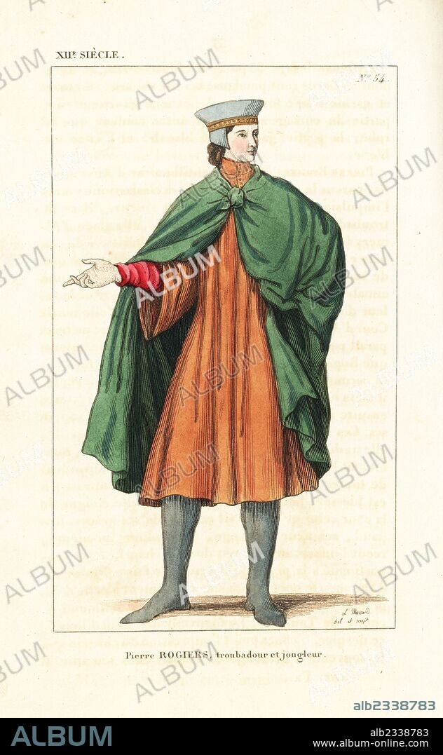 Pierre Rogiers, troubadour and musician, 12th century. He wears a hat adorned with gold buttons, green cape tied at the breast, red tunic and lead-coloured stockings. From a French manuscript in the Vatican library. Handcoloured copperplate drawn and engraved by Leopold Massard from "French Costumes from King Clovis to Our Days," Massard, Mifliez, Paris, 1834.