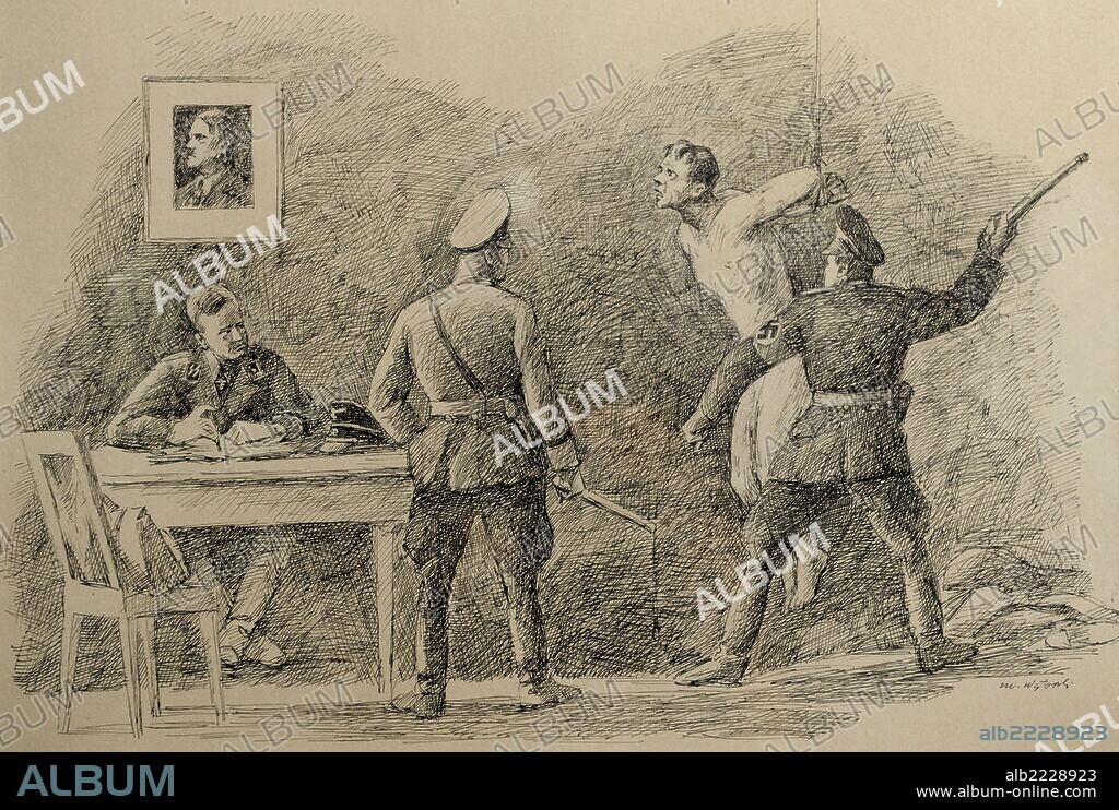 Nazi regime. Prisoner interrogated by the Gestapo. Drawing by Mieczyslaw Watorski, 1965. Gestapo Museum. Krakow. Poland.
