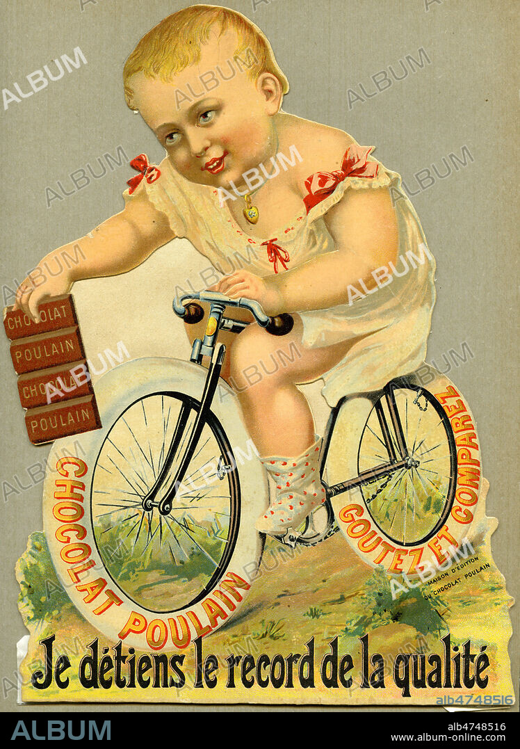 'Je detiens le record de la qualite' : enfant a velo, portant une tablette de chocolat. Carte publicitaire pour le chocolat POULAIN, vers 1900. Illustration anonyme. Credit : Collection IM/KHARBINE-TAPABOR.