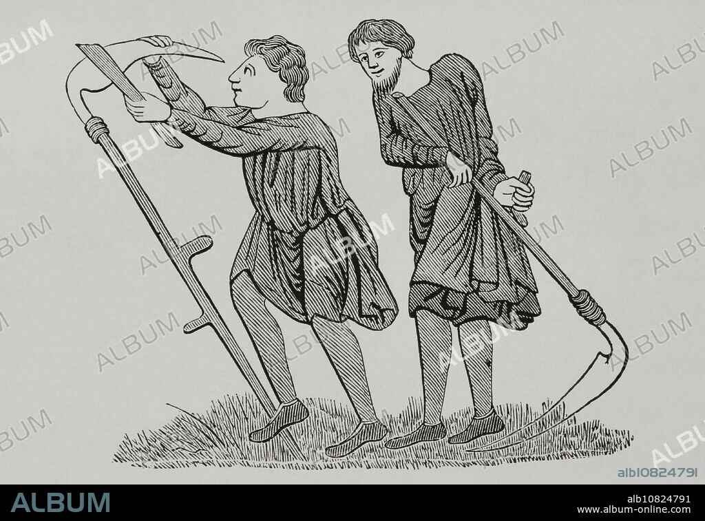 Colonos trabajando las tierras, siglo XII. Grabado a partir de una miniatura en un manuscrito llamado "de la Sainte-Chapelle". "Moeurs, usages et costumes au moyen-âge et à l'époque de la Renaissance", por Paul Lacroix. París, 1878.