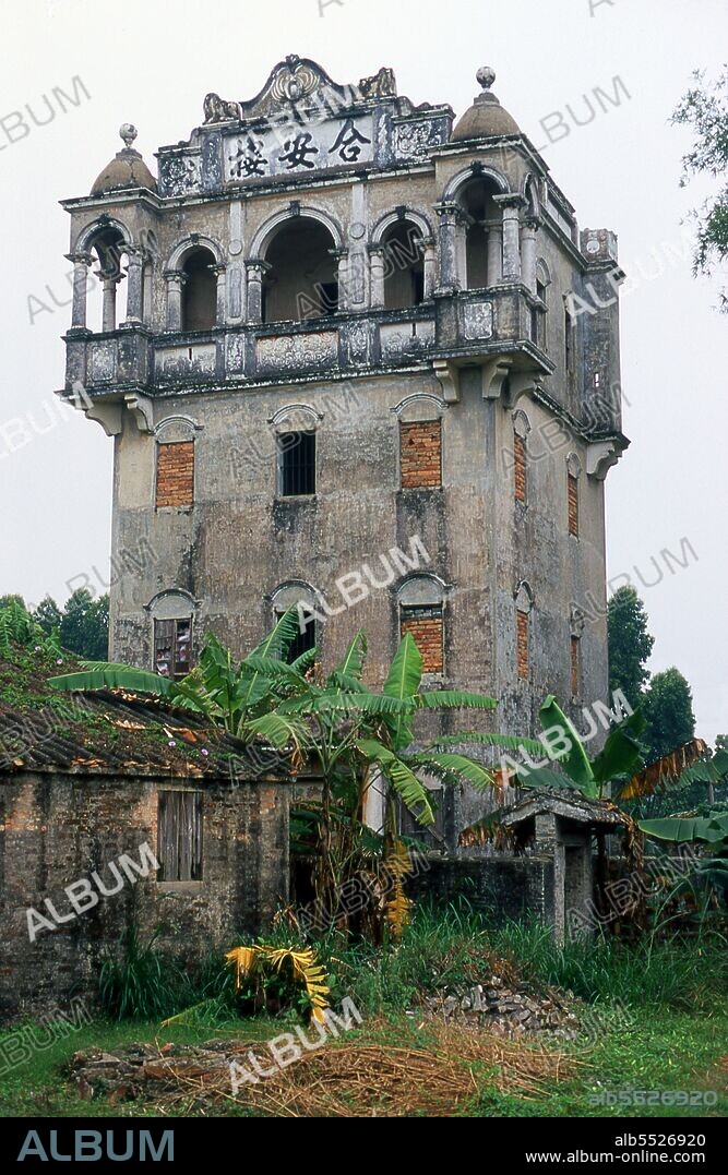 The Kaiping Diaolou (watchtowers) are fortified multi-storey towers. The first towers were built during the early Qing Dynasty (1614 - 1912), reaching a peak in the 1920s and 1930s, when there were more than three thousand of these structures. Today, approximately 1,833 diaolou remain standing in Kaiping, and approximately 500 in Taishan. Although the diaolou served mainly as protection against forays by bandits, a few of them also served as living quarters. Kaiping has traditionally been a region of major emigration abroad, and a melting pot of ideas and trends brought back by overseas Chinese. As a result, many diaolou incorporate architectural features from China and from the West.