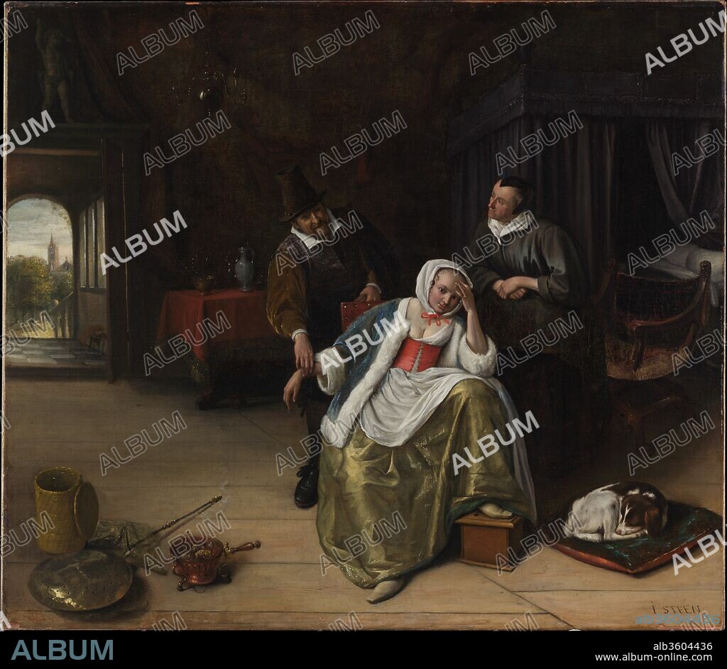 The Lovesick Maiden. Artist: Jan Steen (Dutch, Leiden 1626-1679 Leiden). Dimensions: 34 x 39 in. (86.4 x 99.1 cm). Date: ca. 1660.
Doctors were familiar targets of parody in Steen's native Leiden, the home of a famous medical school. Borrowing from the comic stage, Steen identifies the old man as a quack by his peculiar clothing, while the nature of the young lady's malady is suggested by the Cupid over the door, and other intimations like the open bed. The picture dates about 1660.