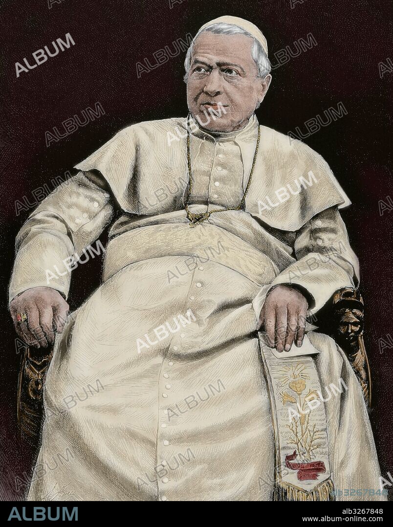 Pius IX (1792-1878). Italian pope, named Giovanni Maria Mastai-Ferretti. Elected in 1846. Convened the First Vatican Council (1869-70). Engraving. Colored.