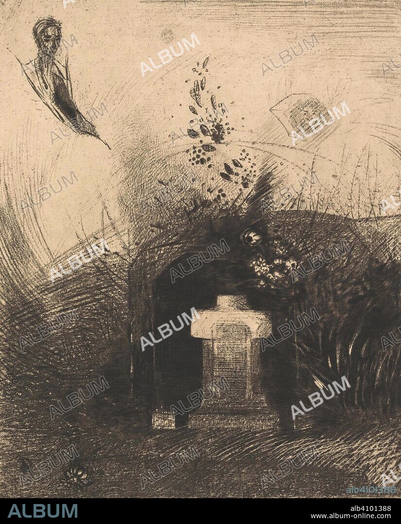ODILON REDON. Si par une nuit lourde et sombre, Un bon chrétien, par charité, Derrière quelque vieux décombre, Enterre votre corps vanté uit from the series Les fleurs du mal. Dimensions: 43.7 cm x 31.9 cm, 23.4 cm x 18.6 cm.