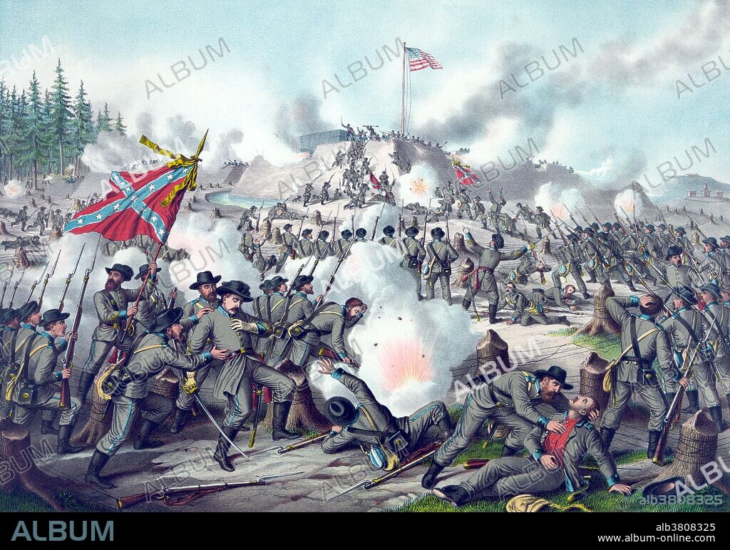 The Battle of Fort Sanders was the decisive engagement of the Knoxville Campaign of the American Civil War, fought in Knoxville, Tennessee, on November 29, 1863. Assaults by Confederate General Longstreet failed to break through the defensive lines of Union General Burnside, resulting in lopsided casualties, and the Siege of Knoxville entered its final days. The Confederate soldiers were initially confronted by telegraph wire that had been strung between tree stumps at knee height, and many men were shot as they tried to disentangle themselves. When they reached the ditch, they found the vertical wall to be almost insurmountable, frozen and slippery. Union soldiers rained murderous fire into the masses of men, including musketry, canister, and artillery shells thrown as hand grenades. Unable to dig footholds, men climbed upon each other's shoulders to attempt to reach the top. A succession of color bearers was shot down as they planted their flags on the fort. For a brief time, three flags reached the top, those of the 16th Georgia, 13th Mississippi, and 17th Mississippi. Chromolithograph by Kurz & Allison, 1891.