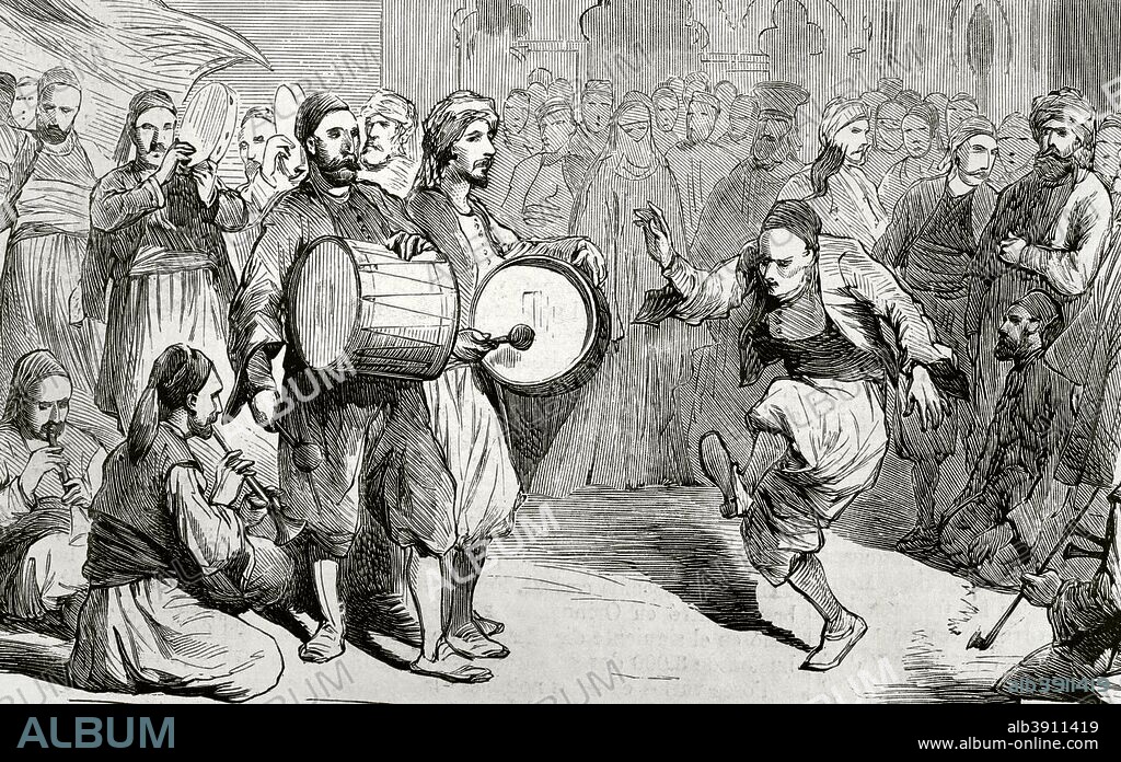Cuestión de Oriente. Guerra Turco-Serbia (1876-1878). Serbia declaró la guerra al Imperio Otomano el 30 de junio de 1876. Salónica (actual Grecia, antiguo territorio del Imperio Otomano). Reclutamiento de voluntarios turcos. Grabado de la Ilustración Española y Americana, 15 de agosto de 1876. Biblioteca Histórico Militar de Barcelona. Cataluña, España.