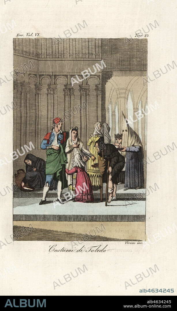 Costumes of the city of Toledo, Spain, 18th century. Monk in pointed hood, young cleric in four-pointed hat, Castilian disabled beggar, women in mantilla and skirt, gentleman in suit called majo with cape and velvet hat. Costumi di Toledo. Handcoloured copperplate engraving by Verico after Giulio Ferrario in his Costumes Ancient and Modern of the Peoples of the World, Il Costume Antico e Modern o Story, Florence, 1829.