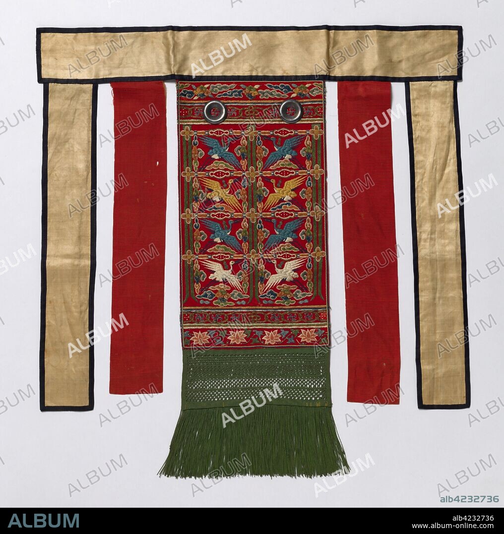 Back Apron for the Royal Ceremonial Robe, late 1800s-early 1900s. Korea, Joseon dynasty (1392-1910). Red pile weave, wool or silk, embroidered with silk (polychromatic); red silk, gauze weave; white silk, gauze weave; green silk fringe; metal ring embellishments; overall: 73 x 69.2 cm (28 3/4 x 27 1/4 in.).
