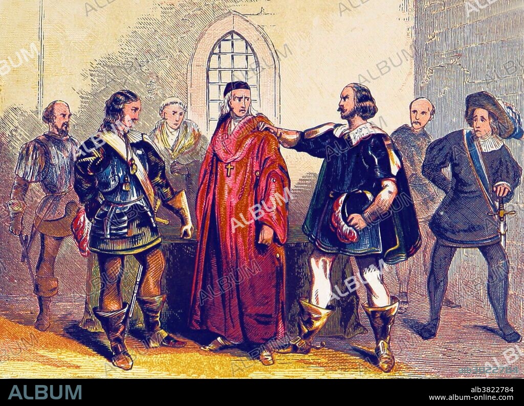 Thomas Wolsey (March 1473 - November 29, 1530) was an English political figure and cardinal of the Roman Catholic Church. When Henry VIII became King of England in 1509, Wolsey became the King's almoner. His affairs prospered, and by 1514 he was the controlling figure in virtually all matters of state and was extremely powerful within the Church. The highest political position he attained was Lord Chancellor, the King's chief adviser. He enjoyed great freedom, and was often depicted as an alter rex (other king), but he fell out of favor due to his failure to negotiate an annulment of Henry's marriage to Catherine of Aragon. He was ultimately stripped of his government posts and retreated to York to oversee his clerical duties as Archbishop of York, a post he nominally held but never exercised during his many years in government. He was recalled to London to answer to charges of treason, but died en route of natural causes before arriving in London. Image taken from page 529 of "A History of England for the Young" by Henry Tyrrell, 1872, entitled: "Wosley arrested for high treason.".