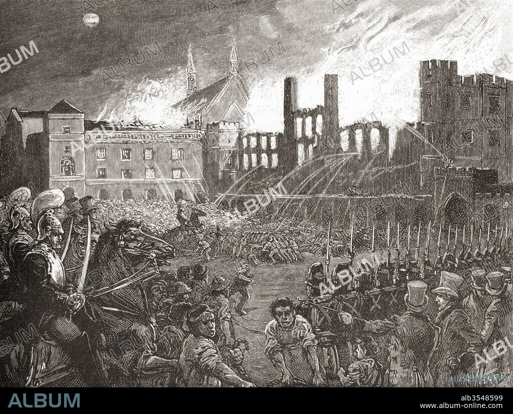 The British Houses of Parliament, London, England destroyed by fire on 16 October 1834. From The Century Edition of Cassell's History of England, published c. 1900.