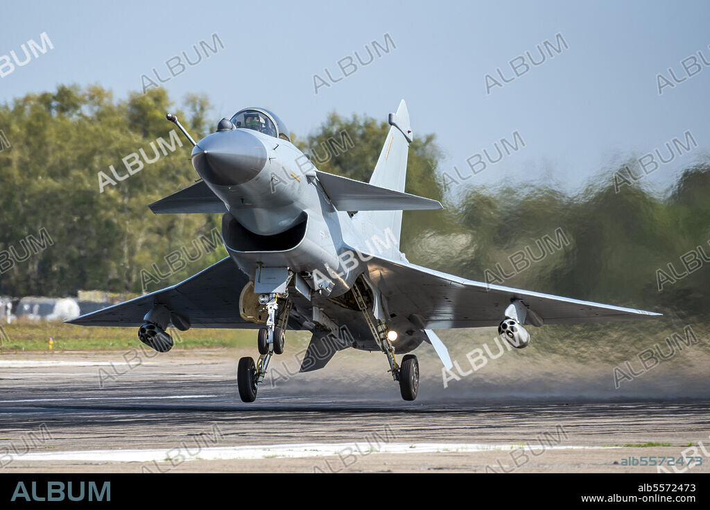 People's Liberation Army Air Force (PLAAF) J-10B combat aircraft taking off during the Aviadarts 2021 competition in Russia.
