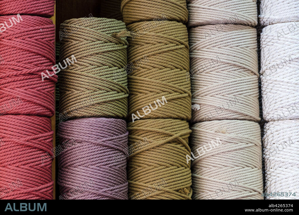 Multi-colored cotton threads, Ca'n Garanya, a traditional shop specializing in wicker and esparto grass, Manacor, Mallorca, Balearic Islands, Spain.