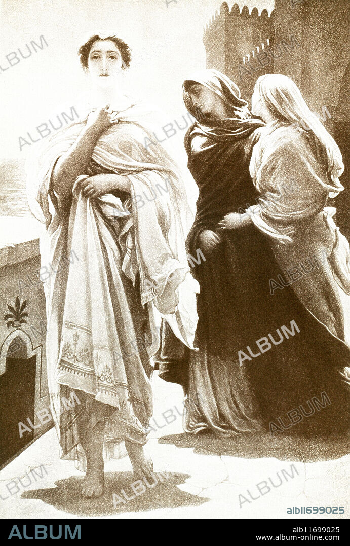 Helewn on the walls of Troy painting Lord Leighton In Greek legend, Paris was a Trojan prince, the son of Priam and Hecuba. When Eris, the Greek goddess of discord, was not invited to the marriage of the Greek leader Achilles, she threw a golden apple into the festivities, with the words 'for the fairest' written on it. The goddesses Hera, Aphrodite, and Athena each claimed the apple, and Zeus, the king of the gods, had Paris choose which one should get it. Hermes, the messenger god, acts as a guide, arranging the meeting between the goddesses and Paris. Aphrodite promised Paris Helen, queen of Sparta, if he picked her, and so he did. The result was the Trojan War as the Greeks fought to return Helen to Menelaus, the ruler of Sparta. In this illustration by Lord Frederic Leighton, a 19th-century British painter who was considered the leader of the Victorian school of classical paibnting, Helen is shown in Troy with two of her companions pacing the walls of the city while the battle rages between the Greeks and Trojans.