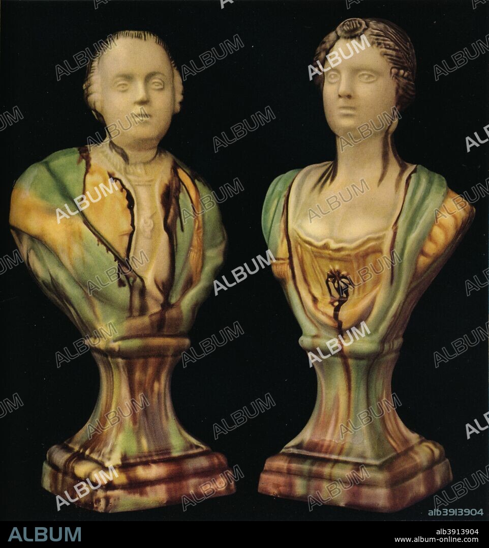 'A Pair of Staffordshire Earthenware Busts Representing King George III and Queen Charlotte, with Translucent Running Glazes', c1761. From The Connoisseur Volume 102. [The Connoisseur Ltd., London, 1938].