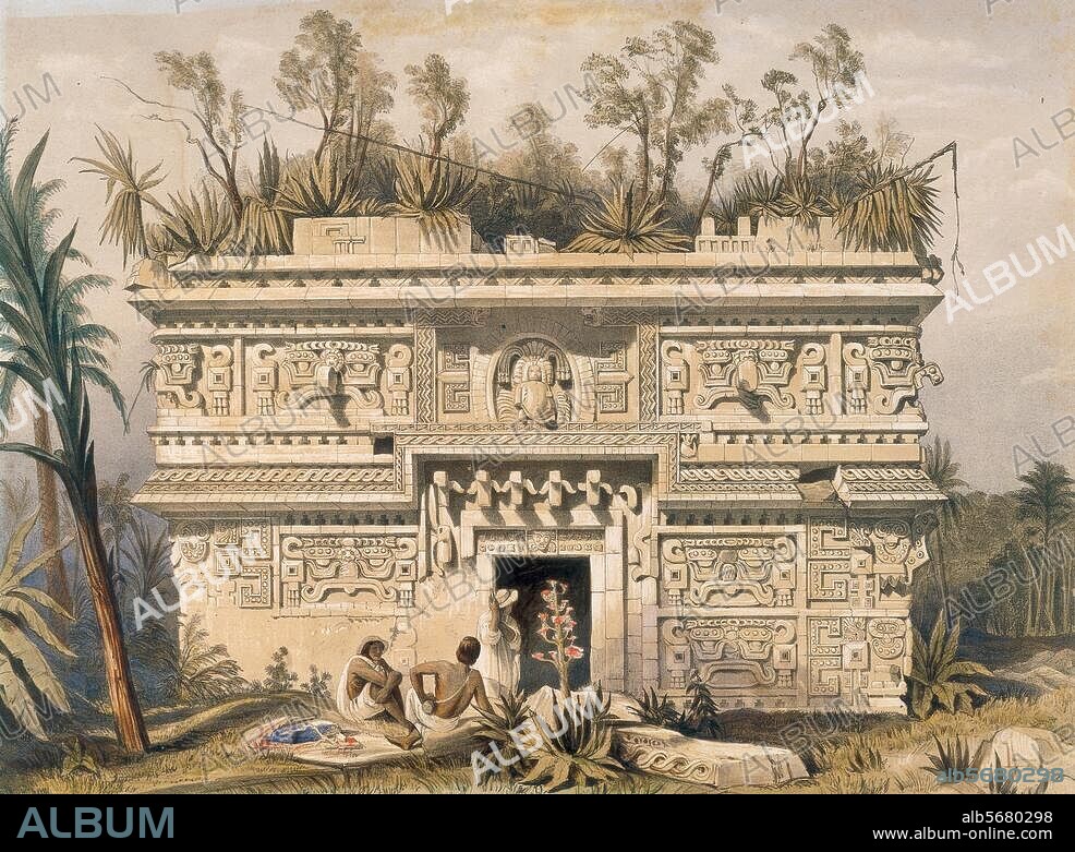Chichén Itzá, Yukatan, Mexico), Maya culture & Toltecan, c. 5th-13th c. Edificio de las Monjas (House of the Nuns). Exterior, parital view: east wing. coloured lithograph based on a drawing by Frederick Catherwood. In: Views of Ancient Monuments in Central America, Chiapas and Yucatan; London, 1844.