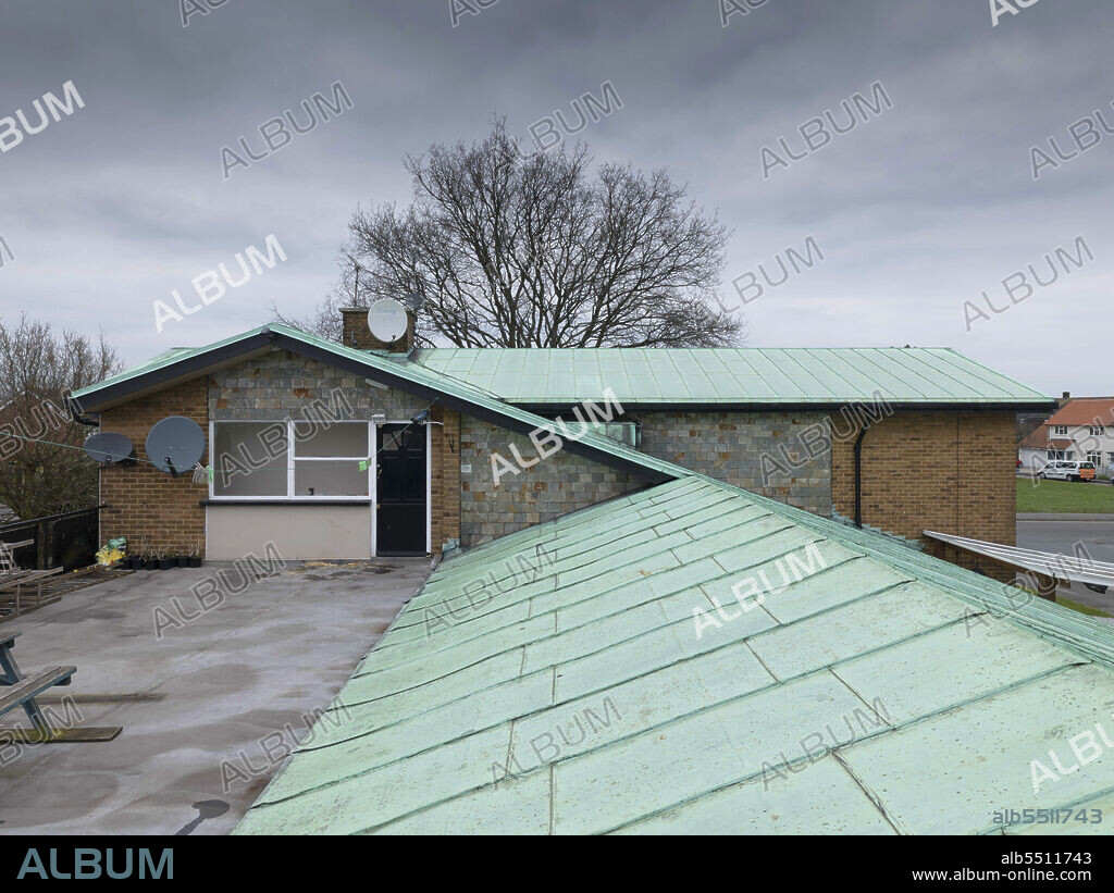 CHRIS REDGRAVE. The Winged Horse public house, Luncies Road, Barstable, Basildon, Essex, 2016. General view looking north along the public house's green copper roof towards the first-floor flat, 2016.