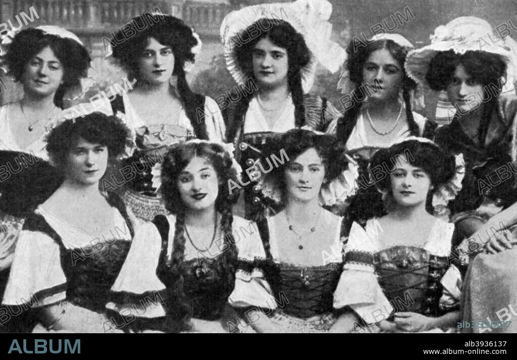 Gaiety Girls, 1908 (1951). Gaiety Girls were chorus girls in British Edwardian musical comedies. They were named after London's Gaiety Theatre, where they first appeared in the 1890s. A print from 100 Years in Pictures, A panorama of History in the Making, text by DC Somervell, Odhams press Limited, London, 1951.