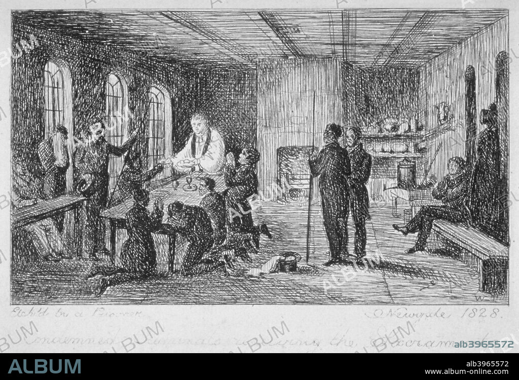 Inside Newgate Prison, Old Bailey, City of London, 1828. Prisoners kneeling to receive the sacrament from a priest.