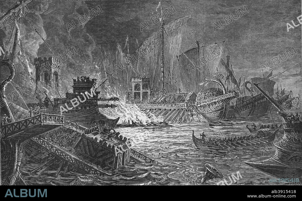 The Battle of Actium, at which Augustus defeated Antony and Cleopatra, 31 BC (1908). From Harmsworth History of the World, Volume 4, by Arthur Mee, J.A. Hammerton, & A.D. Innes, M.A. [Carmelite House, London, 1908].