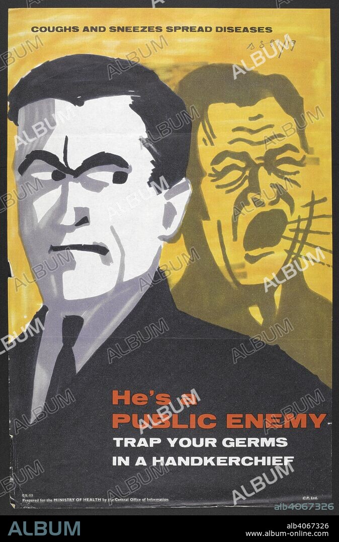 'Coughs and sneezes spread diseases.' 'He's a public enemy, trap your germs in a handerchief.' A ministry of health poster for a campaign to convince people that unprotected sneezing and coughing without covering one's mouth was inherently anti-social. [Miscellaneous posters, wall sheets and charts, with text in various languages.]. Great Britain. Central Office of Information. Ministry of Health. London, c.1940s. Source: B.S.81/19.