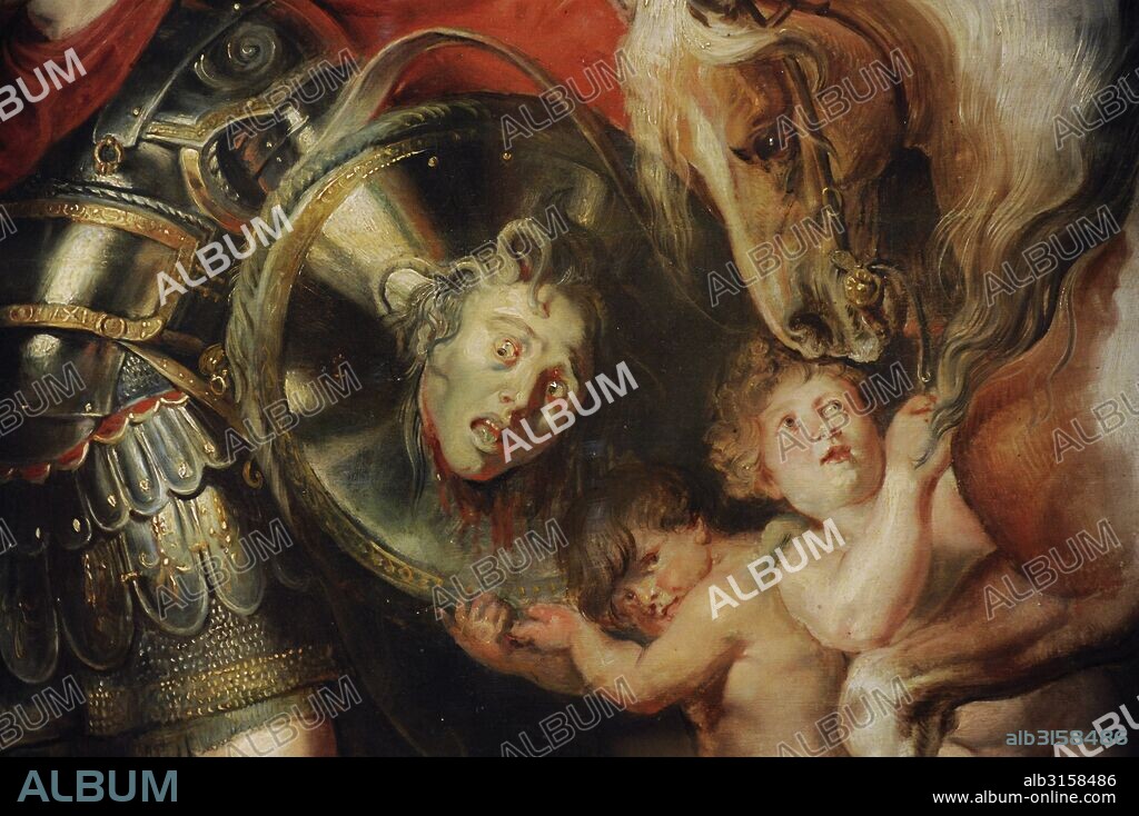 ARTE BARROCO. FLANDES. Peter Paul RUBENS (Siegen,1577-Amberes,1640). Pintor flamenco. Perseo liberando a Andromena, 1622. Detalle de unos putti sosteniendo el escudo de Perseo con el rostro de la Gorgona. Museo del Hermitage (The State Hermitage Museum). San Petersburgo. Rusia.