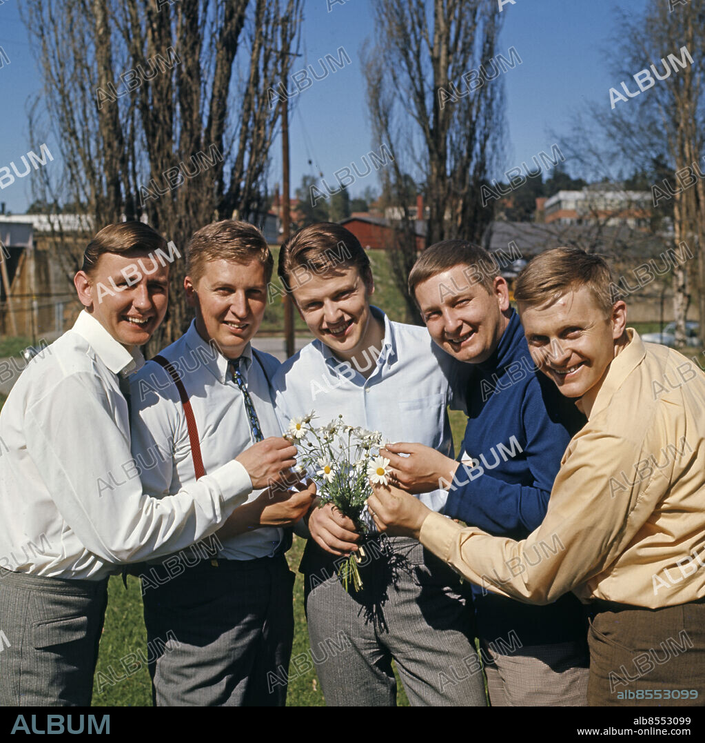 1966-08-07. Dansbandsgruppen Sven-Ingvars med fr. v: Ingvar Karlsson, Sven-Olof Pettersson, Sven-Erik Magnusson Sven Svärd och Rune Bergman poserar med ett fång nyplockade prästkragar 7:e augusti 1966.. Foto: Olle Wester / EXP / TT / Kod: 44. **AFTONBLADET OUT**.