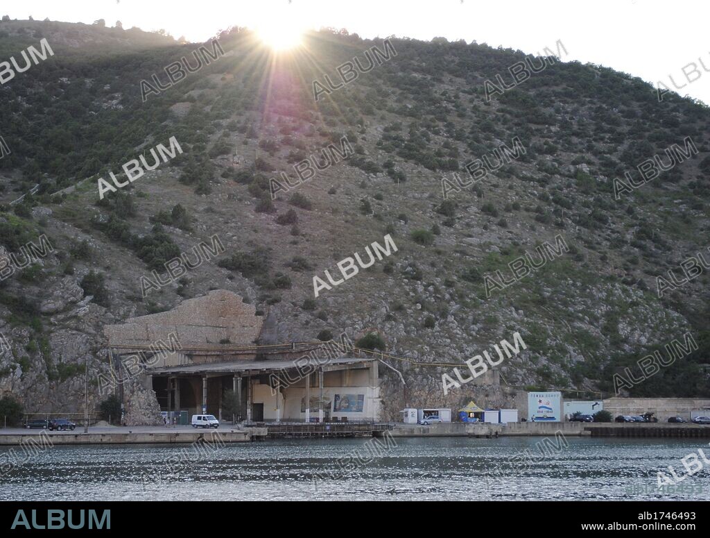 Ukraine. Balaklava. Entry in to the mountains of an ancient underground nuclear submarine base in the Soviet Union fleet. Crimean Peninsula.