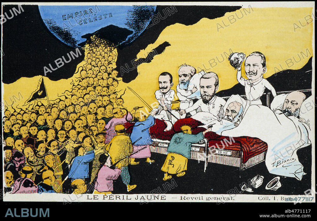 'Le peril jaune : reveil general'. Caricature realisee vers 1905 par T. BIANCO. Deux cartes postales illustrees forment une serie, kh184 et kh185. Credit : Collection KHARBINE-TAPABOR.