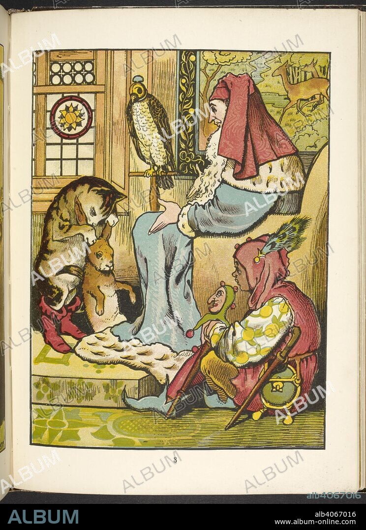 An old man sitting in a chair. Puss in boots hold a hare by the ears. Puss in boots. London : Frederick Warne & Co., [1877] Camden Press. Source: 12805.l.45.(14) page 3.