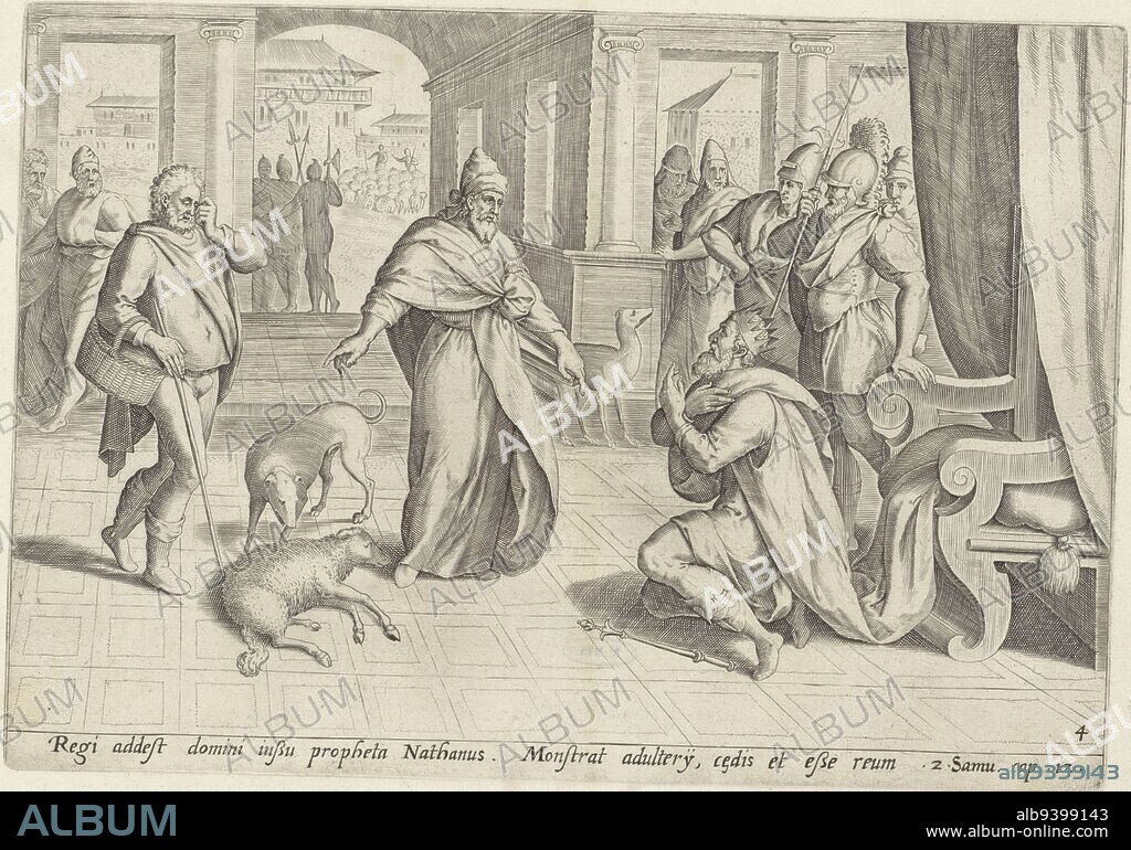 The prophet Natan comes to King David and tells him a parable about a rich man who took the lamb from a poor man and slaughtered it. In doing so, Natan points to the poor man and the lamb that died next to him. With this parable, Natan tells David that he acted like the rich man. David kneels and acknowledges that he sinned by committing adultery with Bathsheba and having her husband Uriah killed. Below the scene a reference in Latin to the Bible text in 2 Sam. 12. David and Natan History of David and Bathsheba Theatrum biblicum , print maker: Johann Sadeler (I), (attributed to), Marten van Cleve (I), publisher: Claes Jansz. Visscher (II), Amsterdam, 1579 and/or 1596 - 1643, paper, engraving, h 199 mm × w 285 mm.