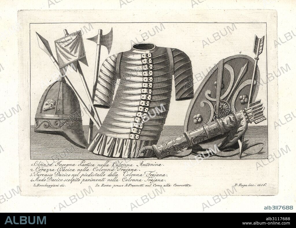 Parthian helmet, ensign and weapons from the Column of Marcus Aurelius 1, Dacian breastplate armour 2, Dacian quiver 3 and Dacian shield 4 (all from Trajan's Column). Copperplate engraving by Pietro Ruga after an illustration by Lorenzo Rocceggiani from his own 100 Plates of Costumes Religious, Civil and Military of the Ancient Egyptians, Etruscans, Greeks and Romans, Franzetti, Rome, 1802.