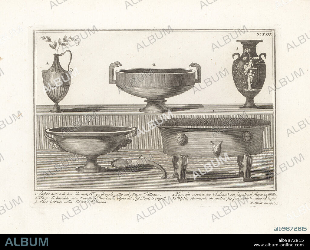 Black basalt bath tub or labrum in the Vatican Museum 1, black basalt plate found in Tivoli 2, Etruscan vase in the Vatican Library 3, bathing balm vase in the Capitoline Museum 4, and strigil used to scrape off sweat and oil 5. Copperplate engraving by Domenico Pronti from his own New Collection Representing Religious, Civil and Military Costumes of the Ancient Egyptians, Etruscans, Greeks and Romans, Nuova Raccolta Rappresentante I Costumi Religiosi Civili e Militari, Rome, 1805.